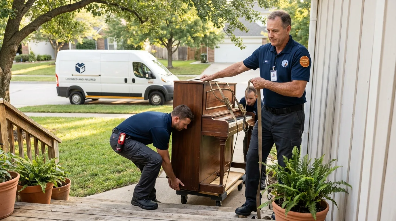 Licensed piano movers securing grand piano in Brunswick, MD