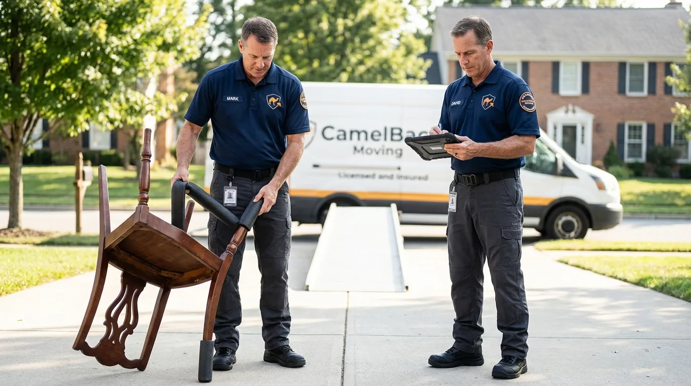 Movers inspecting furniture for damage prevention before loading in Brunswick, MD